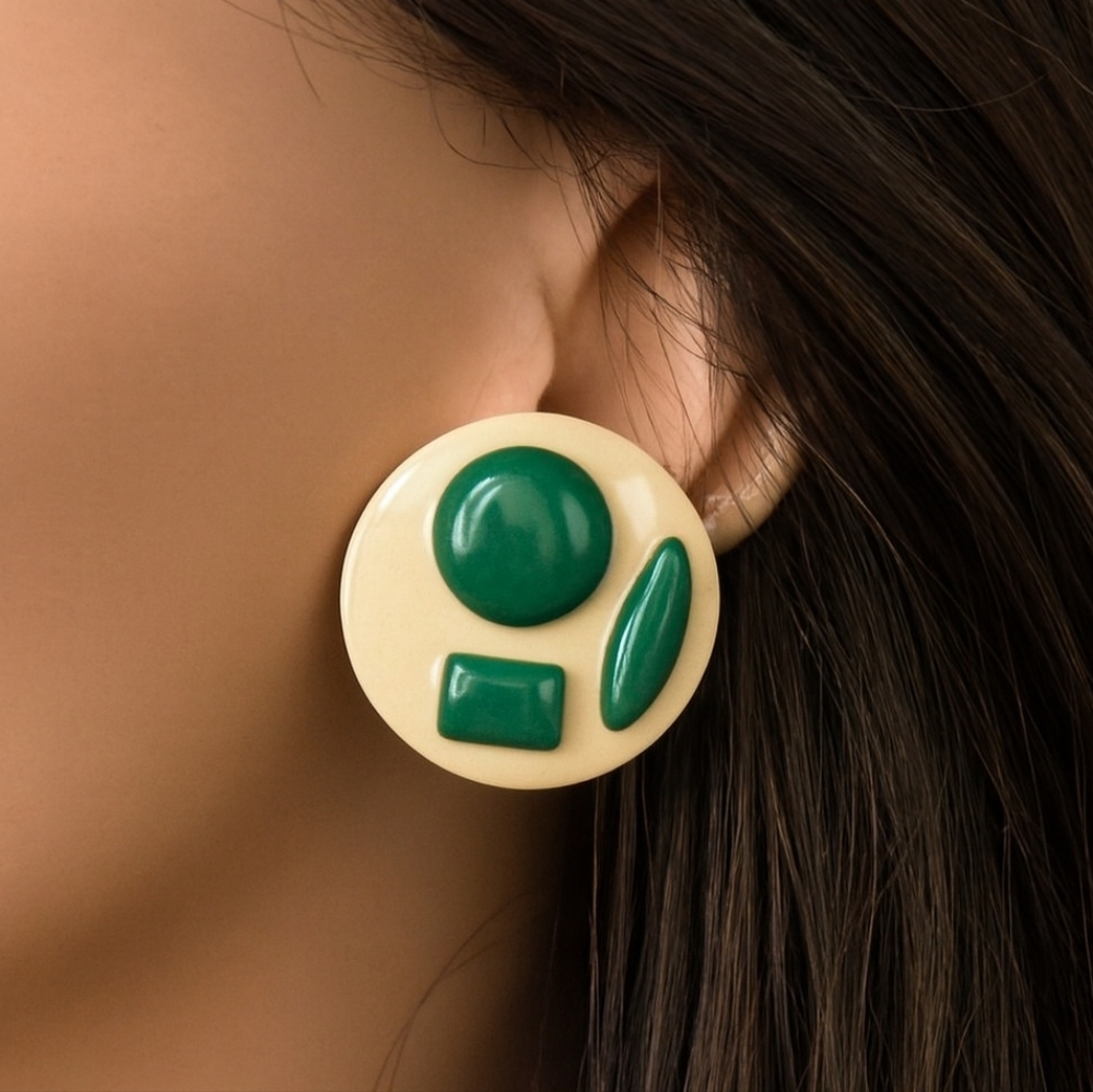 Geometric Circle Earrings | Cream & Green, 0.9-Inch | Women’s Fashion Jewelry